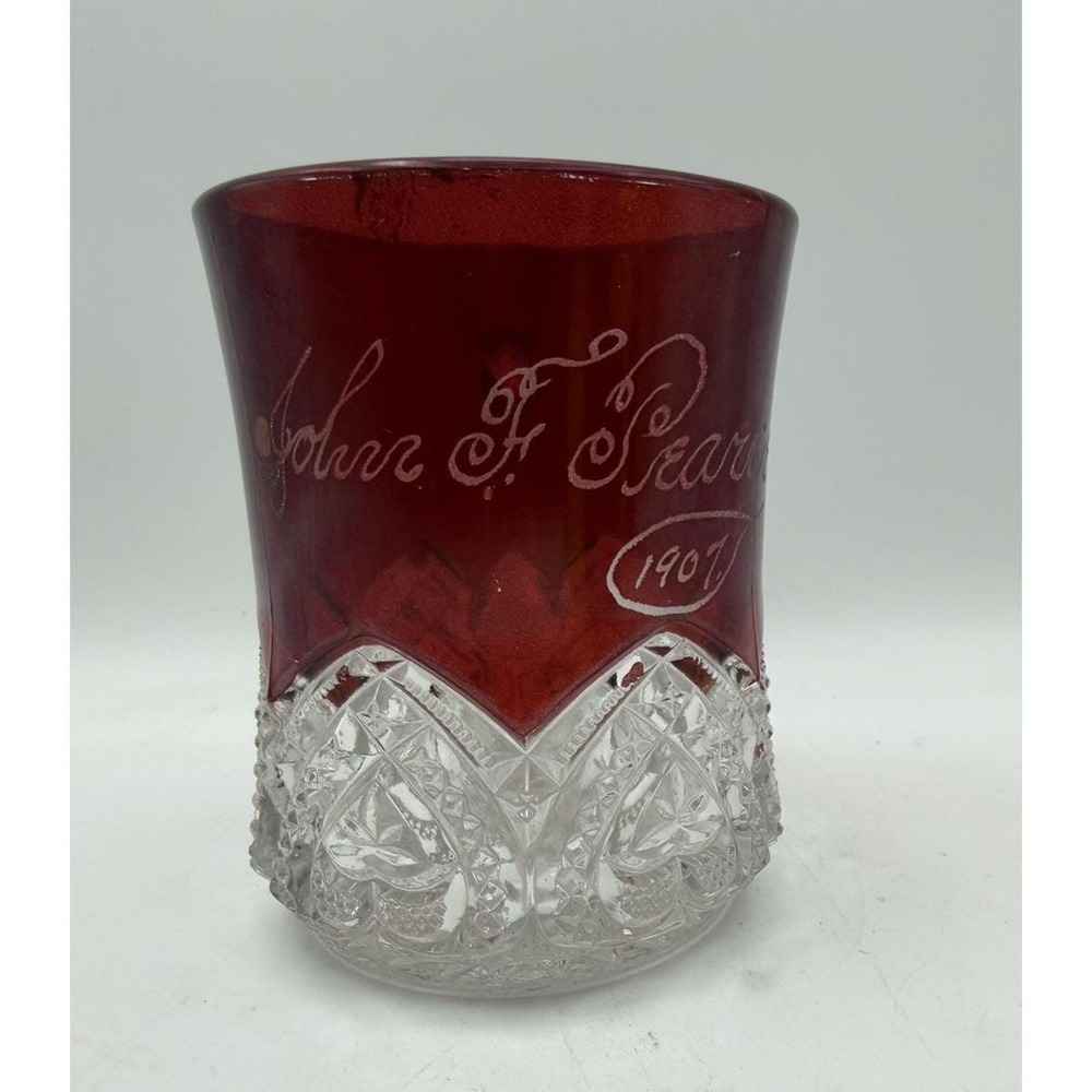Antique Ruby Flash Souvenir Mug John F Pearce 1907 EAPG Pressed‎ Glass Cup